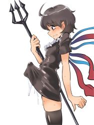Rule 34 | 1futa, absurdres, ahoge, asymmetrical wings, black dress, black hair, black thighhighs, breasts, bulge, clenched teeth, covered penis, cum, cum in clothes, dress, ejaculation, ejaculation under clothes, erection, erection under clothes, futanari, gunnjou yosio, handsfree ejaculation, highres, holding trident, houjuu nue, light blush, looking at penis, penis, pointy ears, polearm, red eyes, shiny clothes, short dress, short hair, small breasts, solo, spontaneous orgasm, suggestive fluid, sweat, teeth, thighhighs, tight clothes, tight dress, touhou, trident, weapon, wings, zettai ryouiki