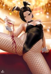 Rule 34 | 1girl, absurdres, alcohol, artist logo, black hair, black leotard, blurry, blurry background, breasts, brown eyes, cleavage, closed mouth, fishnet pantyhose, fishnets, from below, highres, infinote, leotard, looking at viewer, medium breasts, original, pantyhose, playboy bunny, short hair, signature, smile, solo, spilling, spread legs, wine, wrist cuffs, yashiki yuuko (infinote)