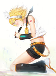 Rule 34 | 1girl, absurdres, artist name, black shorts, blonde hair, blush, boots, crying, crying with eyes open, detached sleeves, closed eyes, from side, full body, glint, hachinatsu, hair ribbon, headphones, highres, holding, holding microphone, kagamine rin, knee boots, kneeling, microphone, music, nail polish, number tattoo, open mouth, ribbon, shirt, short hair, short sleeves, shorts, shoulder tattoo, simple background, singing, sleeveless, sleeveless shirt, solo, tattoo, tears, vocaloid, water drop, white background, white ribbon, white shirt, yellow nails