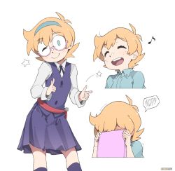 Rule 34 | 1girl, ^ ^, bad id, bad pixiv id, blonde hair, blue eyes, breasts, closed eyes, covering face, closed eyes, female focus, glasses, happy, highres, little witch academia, looking at viewer, lotte jansson, multiple views, musical note, school uniform, short hair, shy, small breasts, smile, standing, star (symbol), teeth, wand, white background, witch