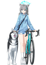 1girl 1other absurdres alfie_(tmdals7645) alternate_costume bicycle blue_archive dog full_body grey_hair halo highres shiroko_(blue_archive) short_hair shorts simple_background standing white_background