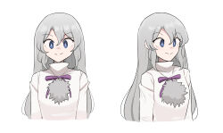Rule 34 | 1girl, alternate hairstyle, blue eyes, bright pupils, closed mouth, commentary, english commentary, hair down, highres, long hair, mata (matasoup), mononobe no futo, multiple views, pom pom (clothes), simple background, smile, solo, touhou, upper body, white background, white pupils