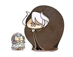 Rule 34 | 1boy, 1girl, aa2233a, blue hair, brown footwear, child, hair ornament, horns, made in abyss, maid, maruruk, ozen, simple background, size difference, standing, whistle, white background