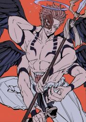 Rule 34 | 1boy, angel, angel wings, arm tattoo, belt, black belt, black nails, black wings, broken halo, chest tattoo, cowboy shot, extra arms, extra eyes, extra mouth, eyebrow cut, facial tattoo, grin, hakama, hakama pants, half mask, halo, highres, holding, holding polearm, holding trident, holding weapon, japanese clothes, jujutsu kaisen, kamutoke (jujutsu kaisen), leg up, looking at viewer, male focus, mask, multiple wings, muscular, muscular male, pants, pink hair, polearm, purple halo, red background, red eyes, ringed eyes, rose 00291, ryoumen sukuna (jujutsu kaisen), ryoumen sukuna (true form) (jujutsu kaisen), short hair, shoulder tattoo, simple background, smile, solo, spiked hair, stomach mouth, tattoo, tongue tattoo, topless male, undercut, weapon, white hakama, wings