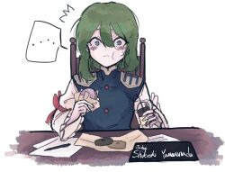 Rule 34 | ..., 1girl, blush, character name, cup, d ink0, doughnut, eating, epaulettes, food, green eyes, green hair, highres, holding, holding cup, holding food, korean commentary, long sleeves, looking at viewer, paper, pen, shiki eiki, short hair, simple background, solo, spoken ellipsis, touhou, upper body, white background