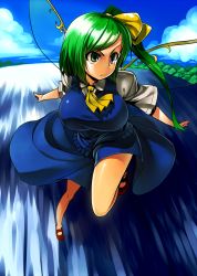 Rule 34 | 1girl, asakawa remon, ascot, bare legs, breasts, daiyousei, dress, female focus, frown, green eyes, green hair, hair ribbon, huge breasts, large breasts, long hair, mary janes, matching hair/eyes, no socks, outstretched arms, ribbon, shoes, short sleeves, side ponytail, solo, spread arms, touhou, water, wings