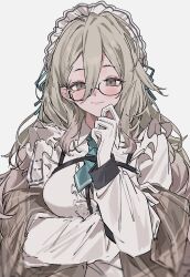 Rule 34 | 1girl, akane (blue archive), aogisa, blue archive, blue necktie, blue ribbon, blush, brown shawl, closed mouth, collared shirt, frilled shirt, frills, gloves, grey eyes, hair between eyes, hair ribbon, hand up, highres, light brown hair, long sleeves, looking at viewer, maid headdress, necktie, ribbon, shawl, shirt, simple background, smile, solo, white background, white gloves, white shirt