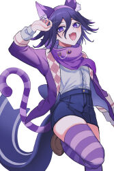 Rule 34 | 1boy, absurdres, animal ears, arm up, blue shorts, bow, brown footwear, cat boy, cat ears, cat tail, cheshire cat (alice in wonderland), cheshire cat (alice in wonderland) (cosplay), cosplay, danganronpa (series), danganronpa v3: killing harmony, fang, flipped hair, hair between eyes, highres, looking at viewer, male focus, oma kokichi, open mouth, purple eyes, purple hair, purple nails, purple scarf, qiretsu, ringed eyes, scarf, short hair, shorts, skindentation, solo, standing, standing on one leg, striped clothes, striped thighhighs, tail, thighhighs, trap, waist bow, white background