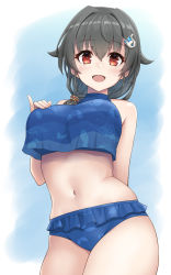 Rule 34 | 1girl, bikini, black hair, blue bikini, blush, breasts, hair flaps, hair ornament, hair over shoulder, hand on own chest, highres, jingei (kancolle), kantai collection, kodama (mmt uf), large breasts, open mouth, ponytail, red eyes, simple background, solo, swimsuit, two-tone background