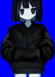 Rule 34 | 1girl, black eyes, black hair, blue background, blunt ends, closed mouth, cowboy shot, hands in pockets, highres, long sleeves, looking at viewer, miniskirt, original, pale skin, pleated skirt, short hair, simple background, single tear, skirt, solo, standing, straight-on, urokogaran