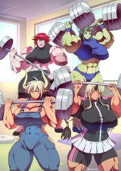 Rule 34 | 4girls, abs, absurdres, bare shoulders, biceps, blonde hair, bokuman, breasts, cathyl, cleavage, closed eyes, covered erect nipples, cow girl, exercising, female focus, green hair, gym, gym uniform, highres, horns, huge breasts, large breasts, minotaur, monster girl, monster musume no iru nichijou, multiple girls, musclefan, muscular, muscular female, ogre, oni, pointy ears, red hair, single horn, stitches, suspenders, thick thighs, thighs, tionishia, weightlifting, weights, zombie, zombina (monster musume)