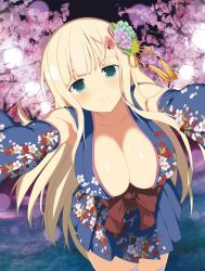 Rule 34 | 1girl, aqua eyes, armpits, bare shoulders, bend, blonde hair, breasts, cleavage, close-up, extended arm, front ribbon, hair ornament, japanese clothes, kimono, large breasts, long hair, looking at viewer, miniskirt, night, open arms, revealing clothes, sakura tree, senran kagura, skirt, smile, solo, thick thighs, thighhighs, thighs, yomi (senran kagura)