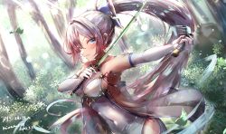 Rule 34 | 1girl, absurdres, blue eyes, bow, breasts, cleavage, covered navel, dappled sunlight, dated, drop earrings, dual wielding, earrings, elbow gloves, forest, gloves, hai 0013, hair bow, highres, holding, holding sword, holding weapon, jewelry, katana, large breasts, long hair, nature, original, outstretched arm, parted lips, ponytail, revealing clothes, side slit, signature, silver hair, sunlight, sword, tree, weapon, white gloves