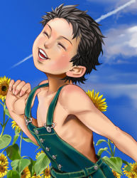 Rule 34 | 1boy, blue sky, blush, child, cloud, closed eyes, flower, hijirino yuuta, male focus, naked overalls, outdoors, overalls, sky, smile, solo, sunflower, tagme