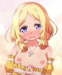 Rule 34 | 1girl, bad id, bad pixiv id, blonde hair, blush, breasts, full-face blush, jewelry, kago no tori, long hair, looking at viewer, necklace, nipples, pretty series, pretty rhythm, pretty rhythm rainbow live, purple eyes, small breasts, solo, sweat, takanashi otoha, tears