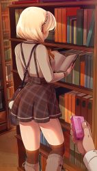 Rule 34 | 1girl, 2019, artist name, bad id, bad pixiv id, bag, blonde hair, book, bookshelf, boots, borrowed character, bracelet, commentary, controller, discreet vibrator, earrings, english commentary, facing away, from behind, highres, holding, holding book, indoors, jewelry, knee boots, library, light particles, long sleeves, merunyaa, miniskirt, open book, original, patreon username, pearl bracelet, pearl earrings, pixiv username, plaid, plaid skirt, pov, pov hands, reading, remote control, remote control vibrator, sammy (bestsammy), sex toy, short hair, shoulder bag, signature, skirt, solo focus, suspender skirt, suspenders, thighhighs, vibrator, vibrator under clothes, wireless sex toy controller