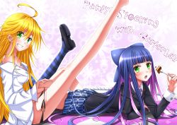 Rule 34 | 10s, 2girls, bad id, bad pixiv id, blonde hair, blue ribbon, blush, green eyes, hair ribbon, highres, leg up, legs, long hair, long legs, lying, multicolored hair, multiple girls, open mouth, panties, panty &amp; stocking with garterbelt, panty (psg), ribbon, siblings, side-tie panties, sisters, stocking (psg), striped clothes, striped thighhighs, swordsouls, thighhighs, two-tone hair, underwear