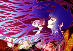 Rule 34 | 1girl, blue hair, commentary request, dark blue hair, enma ai, floating hair, floral print, floral print kimono, flower, from side, furisode, highres, hime cut, holding, japanese clothes, jigoku shoujo, kimono, long hair, outline, parted lips, print kimono, profile, red eyes, red outline, sion (banerye123456), solo, upper body, valentine, very long hair, wide sleeves