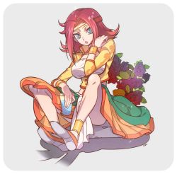 Rule 34 | 1girl, alternate costume, blue eyes, breasts, code geass, crop top, cup, flower, full body, grey background, hair intakes, hair ornament, holding, holding cup, kouzuki kallen, lac., long hair, long skirt, looking at viewer, medium breasts, open mouth, orange skirt, red flower, red hair, red rose, rose, sitting, skirt, solo