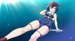 Rule 34 | 10s, 1girl, asymmetrical hair, bare shoulders, black hair, blue one-piece swimsuit, brown eyes, framed breasts, freediving, gloves, hair between eyes, hat, headphones, i-13 (kancolle), kantai collection, looking at viewer, one-piece swimsuit, partially fingerless gloves, sahuyaiya, sailor collar, school swimsuit, short hair, signature, single glove, solo, swimsuit, torpedo, underwater