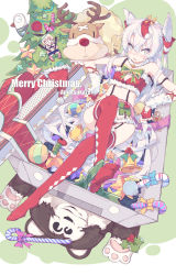 Rule 34 | 10s, 1girl, absurdres, amatsukaze (kancolle), bell, blue eyes, blush, box, candy, candy cane, character doll, christmas, christmas ornaments, christmas stocking, christmas tree, food, gift, gift box, highres, kantai collection, litsvn, long hair, looking at viewer, lying, on back, open mouth, red thighhighs, reindeer, shimakaze (kancolle), silver hair, solo, thighhighs, twintails, two side up, very long hair