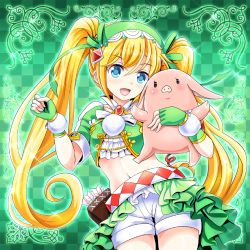Rule 34 | 1girl, :d, animal, blonde hair, blue eyes, fingerless gloves, gloves, green background, green gloves, hairband, highres, holding, holding animal, long hair, looking at viewer, midriff, navel, open mouth, pig, popo (stella glow), quiver, shorts, smile, standing, stella glow, tk8d32, twintails