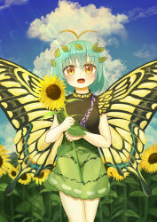 Rule 34 | 1girl, absurdres, antennae, aqua hair, butterfly wings, cowboy shot, day, dress, ekaapetto, eternity larva, fairy, flower, green dress, hair between eyes, highres, holding, holding flower, insect wings, leaf, leaf on head, looking at viewer, multicolored clothes, multicolored dress, open mouth, orange eyes, outdoors, short hair, short sleeves, solo, sunflower, touhou, wings, yellow flower