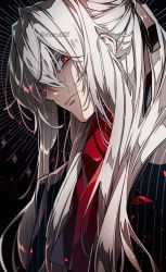 1boy, antonio salieri (fate), fate/grand order, fate (series), formal, grey hair, jacket, light particles, long hair, long sleeves, looking at viewer, male focus, moru00f, pinstripe pattern, pinstripe suit, red eyes, silver hair, solo, striped, suit, twitter username, type-moon, upper body, white hair