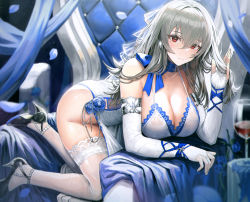 Rule 34 | 1girl, absurdres, all fours, azur lane, bare shoulders, black footwear, breasts, bridal gauntlets, china dress, chinese clothes, cleavage, closed mouth, cross, cross earrings, dress, earrings, elbow gloves, fingerless gloves, flower, gloves, grey hair, hand in own hair, high heels, highres, holding, holding own hair, huge filesize, jewelry, large breasts, long hair, mochirong, mole, mole under eye, red eyes, saint-louis (azur lane), saint-louis (holy knight&#039;s resplendence) (azur lane), sleeveless, sleeveless dress, solo, thighhighs, thighs, white thighhighs