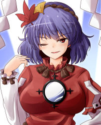 Rule 34 | 1girl, autumn leaves, blush, breasts, hand on own hip, hand up, head tilt, highres, layered clothes, layered sleeves, long sleeves, looking at viewer, medium breasts, mirror, one eye closed, oshiaki, purple hair, red eyes, red shirt, rope, shimenawa, shirt, short hair, short over long sleeves, short sleeves, solo, touhou, upper body, white shirt, yasaka kanako