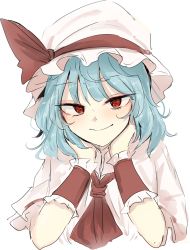 Rule 34 | 1girl, absurdres, ascot, blue hair, closed mouth, hands up, hat, hat ornament, head rest, highres, looking at viewer, medium hair, mob cap, necro (nekurodayo), red ascot, red eyes, remilia scarlet, simple background, smile, solo, touhou, upper body, white background, white hat, wristband