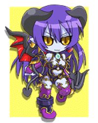 Rule 34 | 1girl, astaroth (shinrabanshou), black sclera, blue skin, boots, breasts, colored sclera, colored skin, demon girl, horns, lowres, pointy ears, purple footwear, shinrabanshou, solo, tail, thighhighs, wings