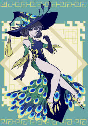 Rule 34 | 1girl, black hair, blue dress, blue hat, brown dust 2, chinese clothes, closed mouth, detached sleeves, double bun, dress, eyebrows hidden by hair, full body, green background, green dress, groin, hair between eyes, hair bun, hat, highres, large hat, looking at viewer, peacock feathers, scheherazade (brown dust), side slit, sleeveless, sleeveless dress, smile, solo, tn scallion, two-tone dress, witch hat, yellow eyes, yellow footwear