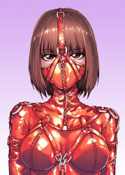 Rule 34 | 1girl, bdsm, bodysuit, bondage outfit, brown eyes, brown hair, fish.boy, gagged, gradient background, harness, highres, looking at viewer, medium hair, neck corset, nib pen (object), original, pen, purple background, red bodysuit, shiny clothes, solo, white background, zipper, zipper pull tab