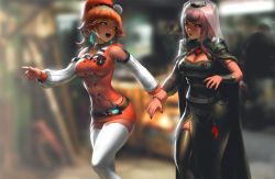 Rule 34 | 2girls, :o, black dress, blurry, blurry background, blush, bracer, breasts, cape, chef hat, cleavage, detached sleeves, dress, earrings, feather earrings, feathers, gradient hair, green hair, grey eyes, hat, holding another&#039;s arm, hololive, hololive english, infi, jewelry, medium breasts, mini hat, miniskirt, mori calliope, multicolored hair, multiple girls, navel, open hands, open mouth, orange hair, orange headwear, pink eyes, pink hair, pointing, skirt, spikes, takanashi kiara, takanashi kiara (1st costume), thighhighs, tiara, veil, virtual youtuber, white headwear
