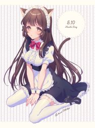 Rule 34 | 1girl, animal ears, apron, between legs, black bow, black dress, black footwear, blush, bow, breasts, brown eyes, brown hair, cat ears, cat girl, cat tail, center frills, commentary request, dated, dress, dress shirt, frilled apron, frilled dress, frills, hair bow, hand between legs, heart, high heels, highres, long hair, looking at viewer, maid, maid day, maid headdress, mary janes, medium breasts, original, parted lips, puffy short sleeves, puffy sleeves, red bow, sakura shiho, shirt, shoes, short sleeves, sidelocks, signature, sitting, sleeveless, sleeveless dress, solo, striped, striped background, tail, tail raised, thighhighs, vertical stripes, very long hair, waist apron, wariza, white apron, white shirt, white thighhighs, wrist cuffs