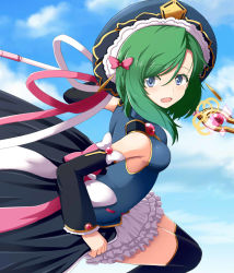 Rule 34 | 1girl, adapted costume, asymmetrical hair, black thighhighs, blue eyes, bow, commentary request, day, detached sleeves, epaulettes, green hair, hair bow, hat, hat ribbon, highres, magical girl, mono (mono60), pink bow, pink ribbon, ribbon, shiki eiki, skirt, sky, solo, staff, thighhighs, touhou, zettai ryouiki