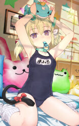 Rule 34 | 1girl, animal ears, armpits, blonde hair, blowing whistle, bow, chiyomarupon (y1pfq8tm92wcq5m), fake animal ears, fake tail, highres, kafuru (senran kagura), looking at viewer, name tag, object on head, on bed, pillow, purple eyes, red bow, school swimsuit, senran kagura, slo, socks, swimsuit, tail, whistle