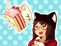 Rule 34 | &gt; &lt;, 1girl, :d, animal ears, brown eyes, brown hair, cake, cake slice, cat, cat ears, closed eyes, food, glasses, highres, holding, mike inel, mouse (animal), open mouth, original, smile, solo
