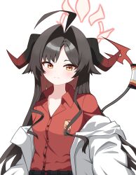 Rule 34 | 1girl, :3, absurdres, ahoge, armband, belt, black belt, black hair, blue archive, blush, breasts, brown eyes, brown hair, closed mouth, collarbone, collared shirt, commentary request, demon girl, demon horns, demon tail, dress shirt, hair intakes, halo, highres, horns, kasumi (blue archive), korean commentary, lab coat, looking at viewer, multicolored hair, off shoulder, open clothes, red shirt, shirt, simple background, small breasts, solo, sprout (haji s), tail, two-tone hair, white background