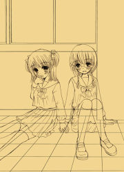 Rule 34 | 2girls, :d, against wall, full body, loafers, long skirt, looking at viewer, monochrome, multiple girls, open mouth, original, pleated skirt, school uniform, serafuku, shoes, sitting, skirt, smile, x-ray, yellow theme, yuririn