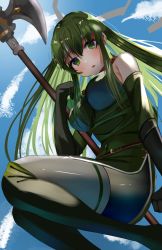 Rule 34 | 1girl, absurdres, bare shoulders, blue sky, blush, breasts, chil0107, cloud, elbow gloves, fire emblem, fire emblem: mystery of the emblem, fire emblem: shadow dragon and the blade of light, gloves, green eyes, green hair, hair between eyes, headband, highres, long hair, nintendo, open mouth, palla (fire emblem), pantyhose, red scarf, scarf, sky, sleeveless, solo, very long hair, weapon, white headband