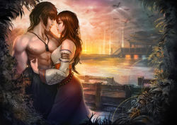 Rule 34 | 1boy, 1girl, abs, absurdres, architecture, artist name, bad id, bad pixiv id, bare arms, bare pectorals, belt, bird, breasts, bridge, brown hair, cloud, detached sleeves, east asian architecture, eye contact, hellcherr, highres, jewelry, long hair, looking at another, medium breasts, necklace, nipples, original, pectorals, river, short hair, sky, sunset