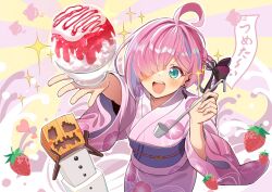 Rule 34 | 1girl, ahoge, arm up, asymmetrical bangs, blue hair, blush, commentary, earrings, excited, food, food-themed background, fruit, fruit background, green eyes, hair over one eye, hand up, heart, heart background, highres, himemori luna, holding, holding food, holding spoon, hololive, itaboon, japanese clothes, jewelry, kimono, light blue hair, minecraft, multicolored hair, obi, open mouth, outstretched arm, pink hair, pink kimono, sash, shaved ice, single earring, snow golem (minecraft), sparkle, sparkle background, sparkling eyes, spoon, strawberry, streaked hair, sunburst, sunburst background, symbol-only commentary, teeth, text background, two-tone hair, upper teeth only, virtual youtuber, yukata