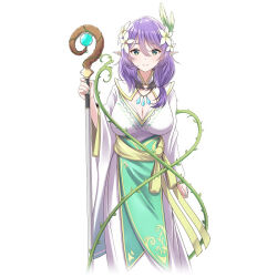 Rule 34 | accessories, blush, breasts, bright pupils, closed mouth, elf, expressions, female focus, flower, full body, green eyes, hair between eyes, hair flower, hair ornament, happy, holding, light rays, long hair, pointy ears, purple hair, robe, scepter, smile, sonokaze eirai, thorns, vtuber nandaga haishin kiriwasuretara densetsu ni natteta, white background