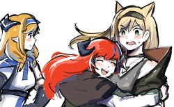 Rule 34 | 3girls, animal ears, arknights, bagpipe (arknights), blonde hair, blush, closed eyes, crying, dragon girl, dragon horns, female focus, herecave, horn (arknights), horns, hug, multiple girls, open mouth, pointy ears, red hair, saileach (arknights), smile, white background, wolf ears, wolf girl