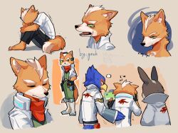 Rule 34 | animal ears, animal nose, bandana, beak, bird boy, brown background, brown fur, closed eyes, closed mouth, commentary, crying, crying with eyes open, english commentary, falco lombardi, fox boy, fox ears, fox mccloud, fox tail, furry, furry male, green eyes, hand on another&#039;s back, highres, jacket, knees up, male focus, multiple views, nintendo, open clothes, open jacket, open mouth, peppy hare, pruh, rabbit boy, rabbit ears, red bandana, signature, simple background, sitting, slippy toad, snout, star fox, tail, tears, trembling, white jacket