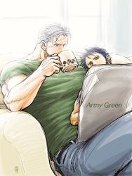 Rule 34 | 2boys, alternate facial hair, beard, cigar, couch, cup, denim, facial hair, green shirt, holding, holding cup, jeans, kokorozashi, large pectorals, leaning on person, male focus, mature male, multiple boys, muscular, muscular male, navel, on couch, one piece, panther print, pants, pectorals, shirt, short hair, sideburns, sitting, size difference, smoker (one piece), smoking, stubble, thick thighs, thighs, trafalgar law, white hair, yaoi