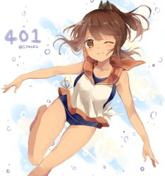 Rule 34 | 10s, 1girl, ;), bare legs, bare shoulders, barefoot, black ribbon, blush, brown eyes, brown hair, character name, collarbone, cowboy shot, gluteal fold, hair ribbon, i-401 (kancolle), kantai collection, leg up, looking at viewer, one-piece swimsuit, one eye closed, ribbon, running, sailor collar, school swimsuit, shijima (sjmr02), short ponytail, sleeveless, smile, solo, swimsuit, swimsuit under clothes, tan, thigh gap, twitter username