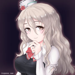 Rule 34 | 1girl, black legwear, bow, bowtie, brown eyes, commentary request, cypress, gradient background, grey hair, hair between eyes, hat, jewelry, kantai collection, long hair, looking at viewer, mini hat, pola (kancolle), ring, shirt, smile, solo, thick eyebrows, twitter username, upper body, wavy hair, wedding band, white shirt